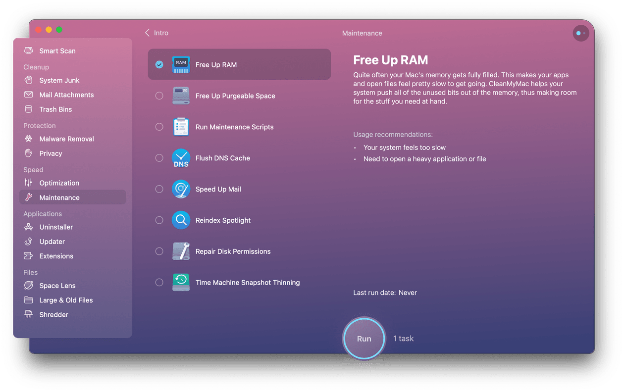 CleanMyMac - Free up RAM feature