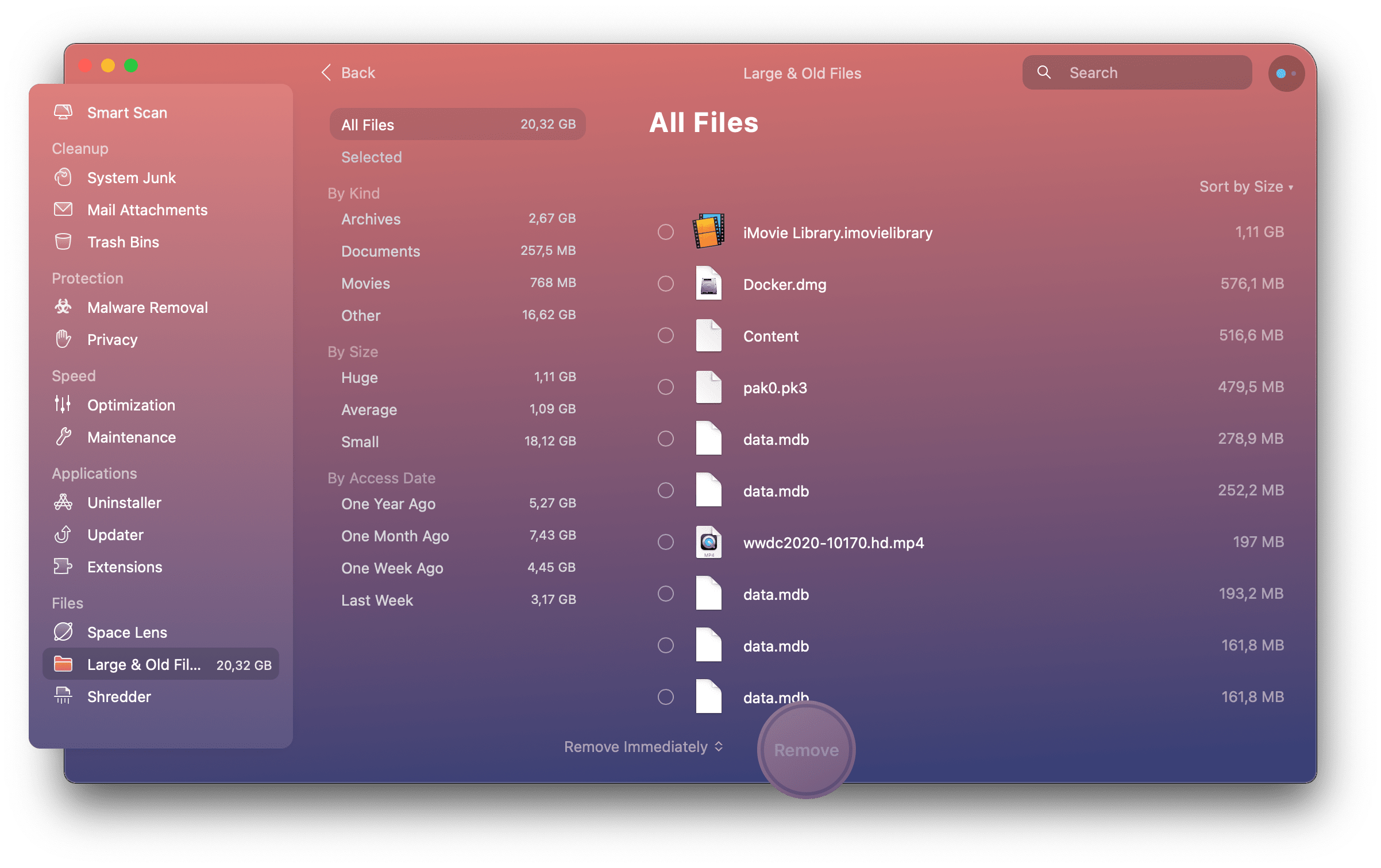 ocate and remove large files using CleanMyMac X