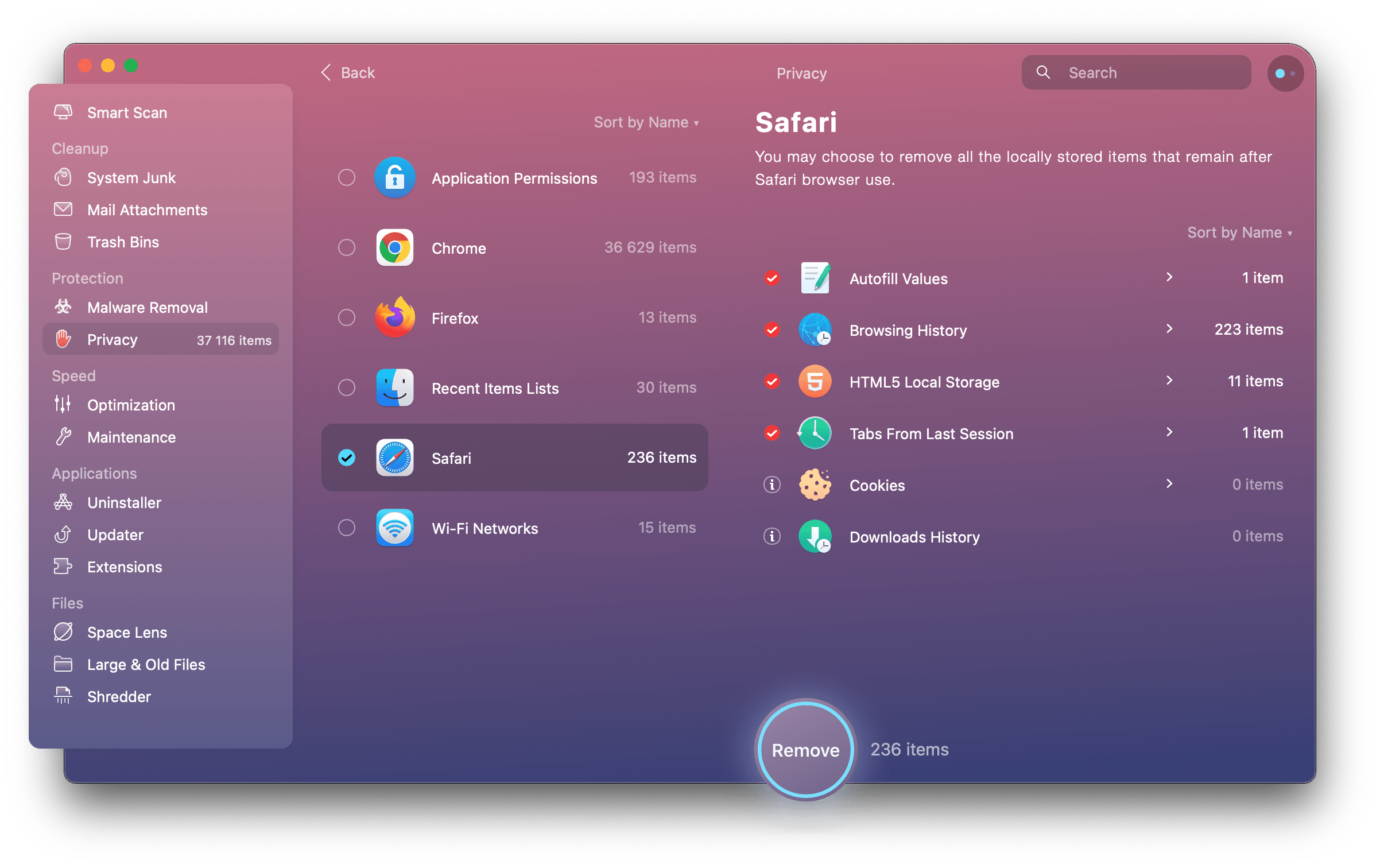 In CleanMyMac X, choose the Privacy module