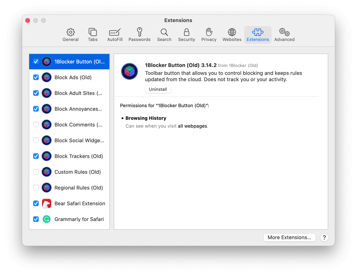 Delete browser extensions in Safari