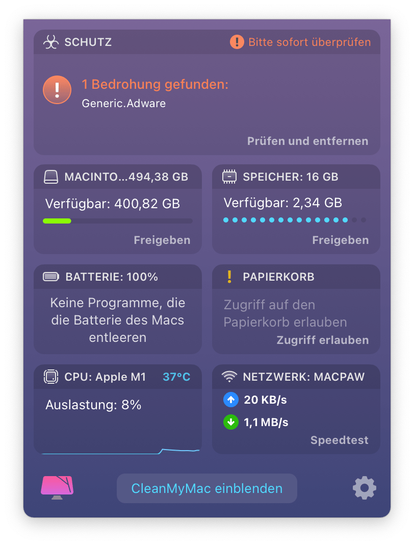 CleanMyMac-Menü mit Bedrohung gefunden threat