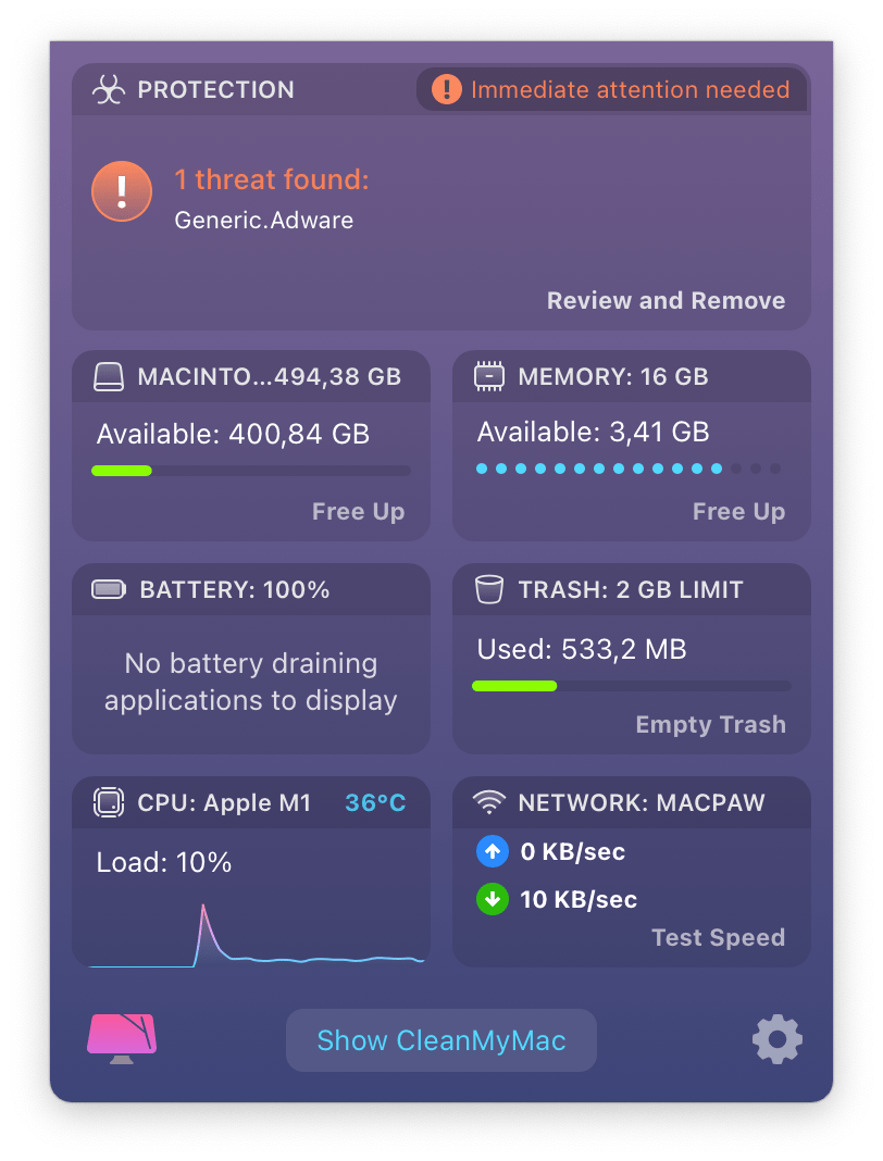 CleanMyMac Menu with threat found