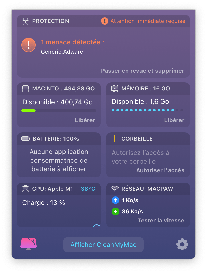 Menu CleanMyMac avec menace détectée