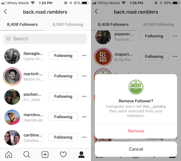 لقطات الشاشة: كيفية حذف متابع Instagram