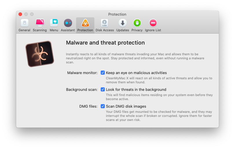 CleanMyMac X also has real-time protection to scan your system in the background