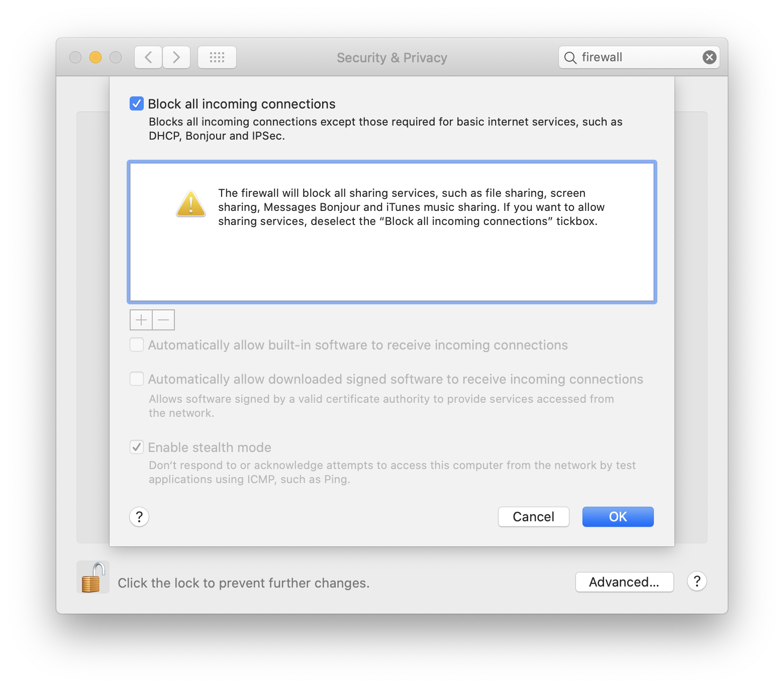 mac security settings dialog