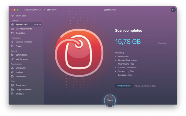 CleanMyMac System Junk module - scan completed