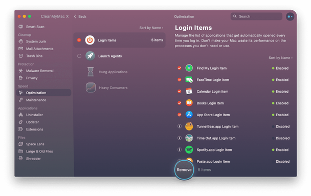 CleanMyMac - login items menu