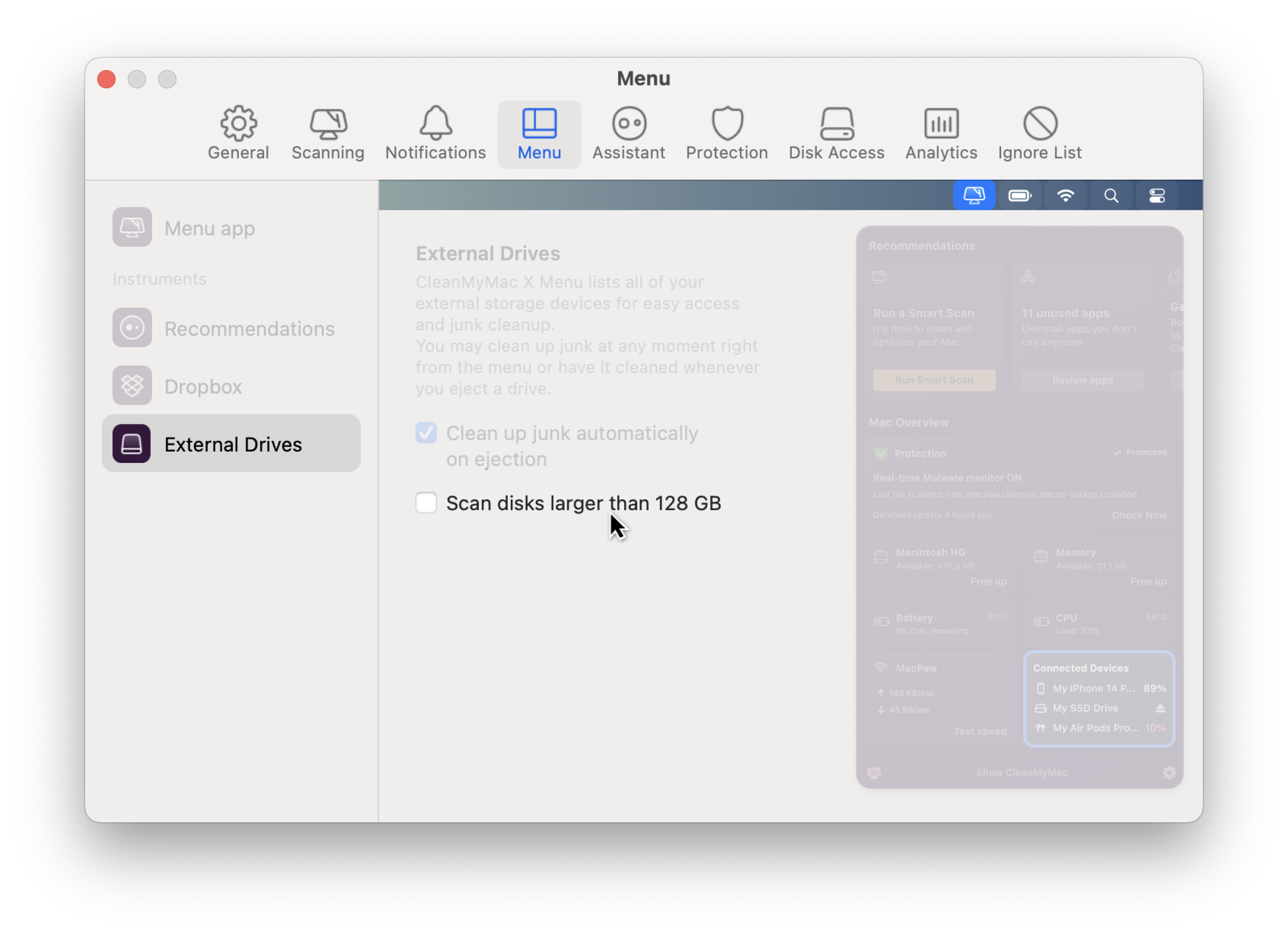 Turn off scanning for large drives