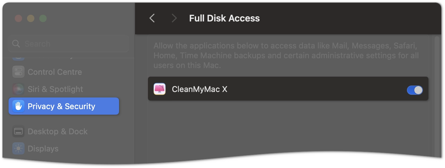 Full disk access to CleanMyMac X in macOS Ventura or later