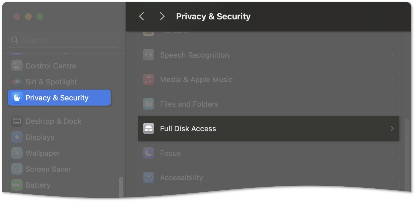 Full Disk Access item